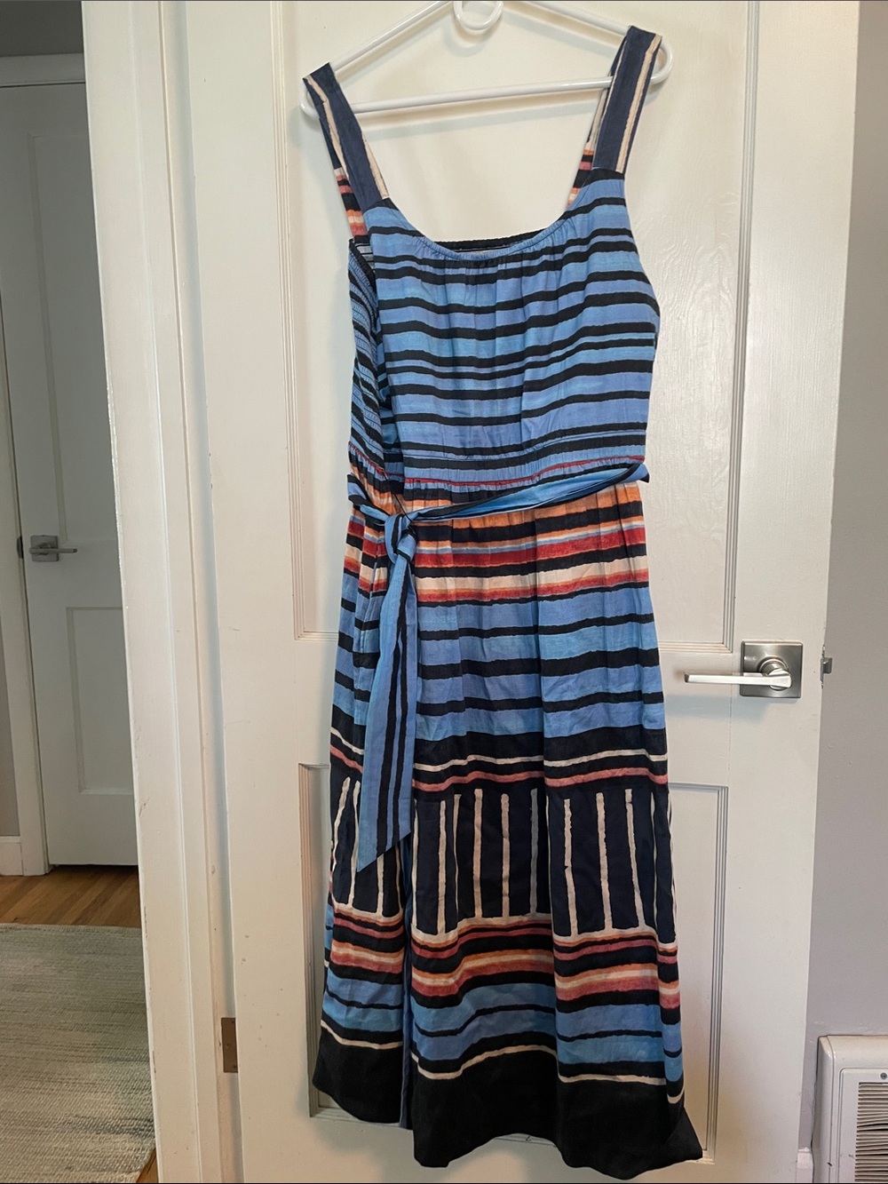 Nic + Zoe Blue Striped Sleeveless Belted Midi Dress